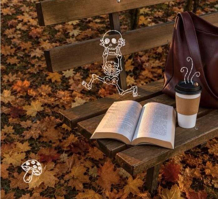 fall book aesthetic with fallen leaves